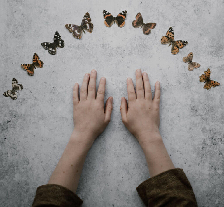 TBI Therapist Blog post image of a person hands on a table with butterflies in a semi circle around the hands